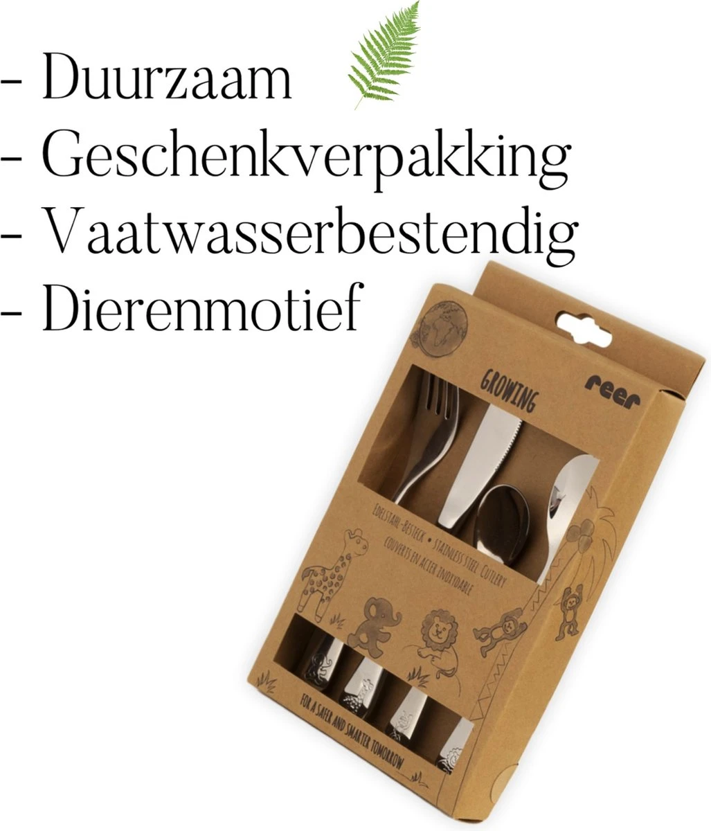 Reer - Kinderbestekset - 4-delig - RVS - Dieren - Giraffe - Leeuw - Olifant - Aap 3 Reer - Kinderbestekset - 4-delig - RVS - Dieren - Giraffe - Leeuw - Olifant - Aap - Afbeelding 3