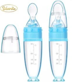Biberoia® Knijpfles Met Lepel – Drinkfles - Baby / Kinderbestek - Kraamcadeau – Babyshower – Blauw -Pasgeborenen En Jonge Kinderen 1055x1200