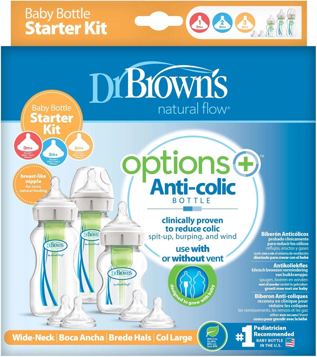 Dr. Brown's Options+ Anti-colic Bottle Startpakket Flessen - Brede Hals Flessen - 3 Stuks 4 Dr. Brown's Options+ Anti-colic Bottle Startpakket Flessen - Brede Hals Flessen - 3 Stuks - Afbeelding 4