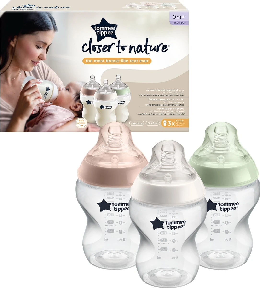 Tommee Tippee Closer To Nature -babyflessen - Langzaam Strom - Borstachtige Speen - Anti-koelik, 260 Ml, Pak Van 3 7 Tommee Tippee Closer To Nature -babyflessen - Langzaam Strom - Borstachtige Speen - Anti-koelik, 260 Ml, Pak Van 3 - Afbeelding 7