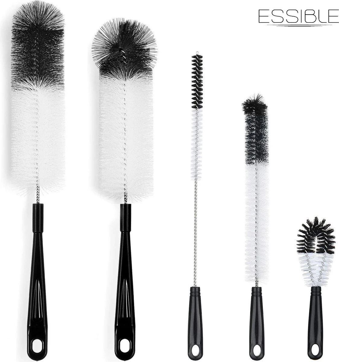 ESSIBLE Flessenborstel - Flessenrager - Schoonmaakborstel - Flessenreiniger - 5 Stuks - Kras- En BPA Vrij - Geschikt Voor Alle Oppervlakken - Zwart 1 ESSIBLE Flessenborstel - Flessenrager - Schoonmaakborstel - Flessenreiniger - 5 Stuks - Kras- En BPA Vrij - Geschikt Voor Alle Oppervlakken - Zwart