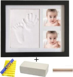 Baby Fotolijst Van Hout – Nederlandse Klei Met 2 Klei Afdrukken – Hand En Voet Afdruk – Gips Buik – Zwart Fotolijstje – Kraamcadeau En Babyshower