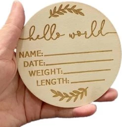 Merkloos Geboortebordje Hello World - 20 CM Invulbordje Geboorte - Geboortegegevens Invulkaart - Bordje Van Hout - Baby Gegevens Invullen - Ziekenhuis Invulbordje - Houten Geboortebord