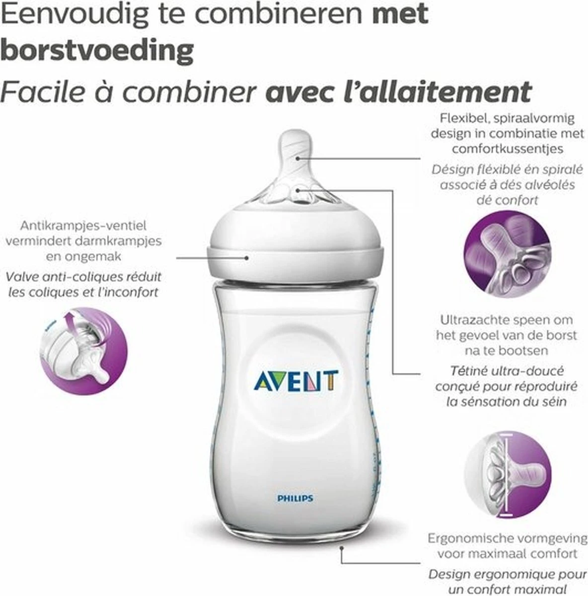 Philips Avent Natural Babyfles - SCF070/22 Babyfles (1m+) Voor Langzame Toevoer - 1x 4 Philips Avent Natural Babyfles - SCF070/22 Babyfles (1m+) Voor Langzame Toevoer - 1x - Afbeelding 4
