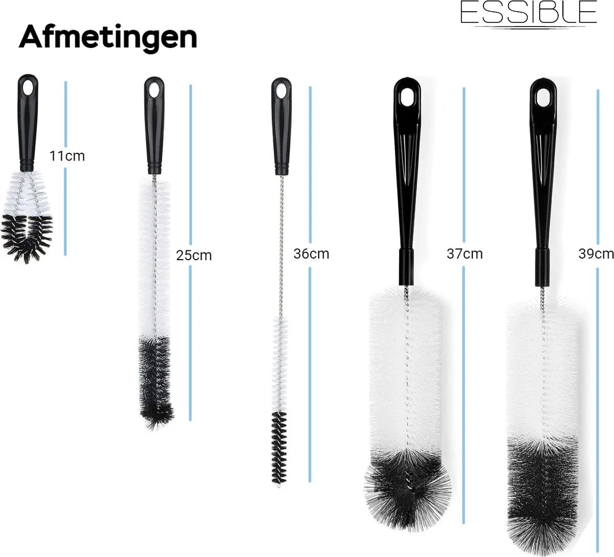 ESSIBLE Flessenborstel - Flessenrager - Schoonmaakborstel - Flessenreiniger - 5 Stuks - Kras- En BPA Vrij - Geschikt Voor Alle Oppervlakken - Zwart 6 ESSIBLE Flessenborstel - Flessenrager - Schoonmaakborstel - Flessenreiniger - 5 Stuks - Kras- En BPA Vrij - Geschikt Voor Alle Oppervlakken - Zwart - Afbeelding 6