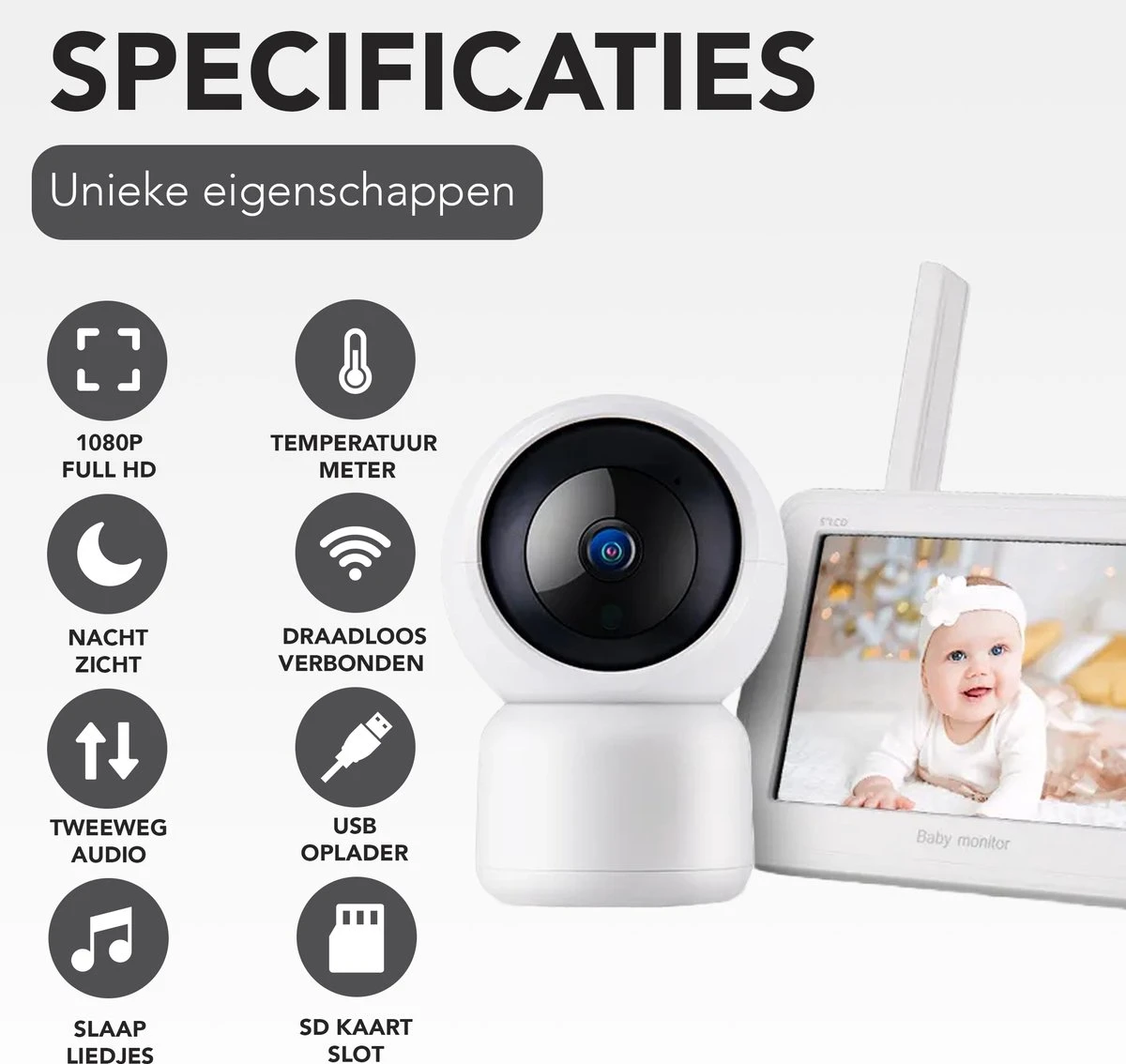 Achaté Babyfoon Met Camera - Baby Monitor Met 5 Inch Monitor - Video & Audio - Infrarood Nachtvisie - Terugspreekfunctie - Wit 9 Achaté Babyfoon Met Camera - Baby Monitor Met 5 Inch Monitor - Video & Audio - Infrarood Nachtvisie - Terugspreekfunctie - Wit - Afbeelding 9
