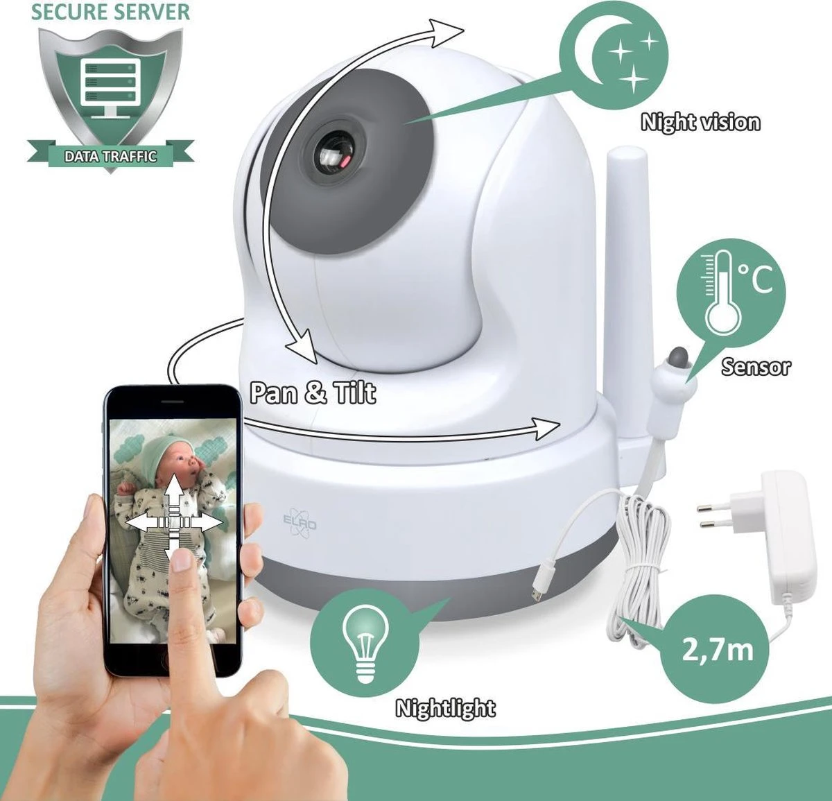 ELRO BC3000-2 Babyfoon Royale - Met 12,7 Cm Touchscreen Monitor HD- & App - Met Extra Camera - Voor 2 Kinderen 10 ELRO BC3000-2 Babyfoon Royale - Met 12,7 Cm Touchscreen Monitor HD- & App - Met Extra Camera - Voor 2 Kinderen - Afbeelding 10