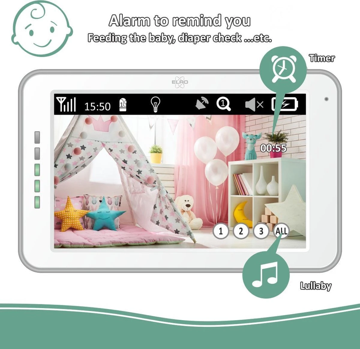 ELRO BC3000-2 Babyfoon Royale - Met 12,7 Cm Touchscreen Monitor HD- & App - Met Extra Camera - Voor 2 Kinderen 5 ELRO BC3000-2 Babyfoon Royale - Met 12,7 Cm Touchscreen Monitor HD- & App - Met Extra Camera - Voor 2 Kinderen - Afbeelding 5