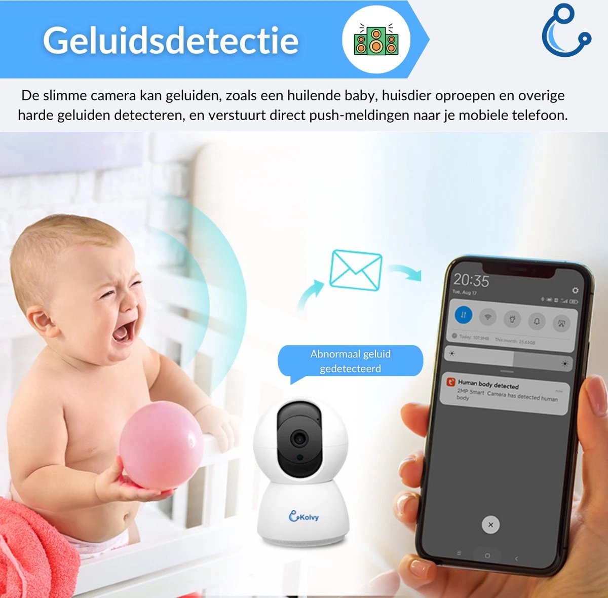Kolvy® Babyfoon Met Camera En App - Intelligente Baby Monitor - Slimme Beveiligingscamera - NIEUW - WiFi - 3MP Super HD 1536p - Sterke Encryptie - Nachtzicht - Professioneel 2 Kolvy® Babyfoon Met Camera En App - Intelligente Baby Monitor - Slimme Beveiligingscamera - NIEUW - WiFi - 3MP Super HD 1536p - Sterke Encryptie - Nachtzicht - Professioneel - Afbeelding 2