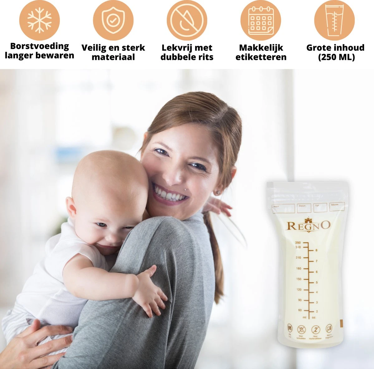 Regno Moedermelk Bewaarzakjes - Borstvoeding Zakjes - BPA Vrij - 250 ML - Lekvrij - 100 Stuks 8 Regno Moedermelk Bewaarzakjes - Borstvoeding Zakjes - BPA Vrij - 250 ML - Lekvrij - 100 Stuks - Afbeelding 8