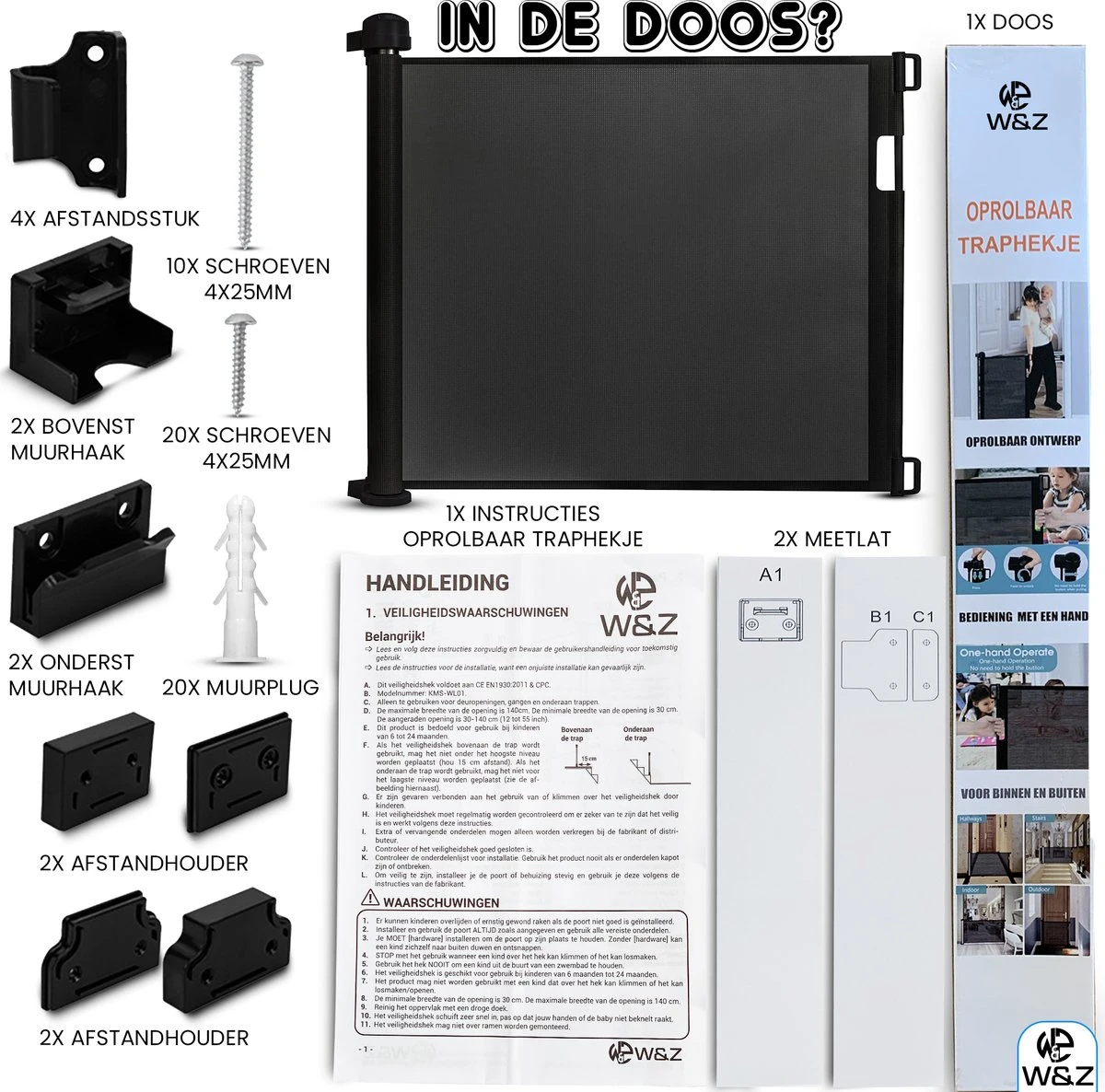 W&Z® Oprolbaar Traphekje - Veiligheid In Huis - Veiligheidshekje Voor Baby - Kinderhekje - Hondenhek - Zwart 8 W&Z® Oprolbaar Traphekje - Veiligheid In Huis - Veiligheidshekje Voor Baby - Kinderhekje - Hondenhek - Zwart - Afbeelding 8