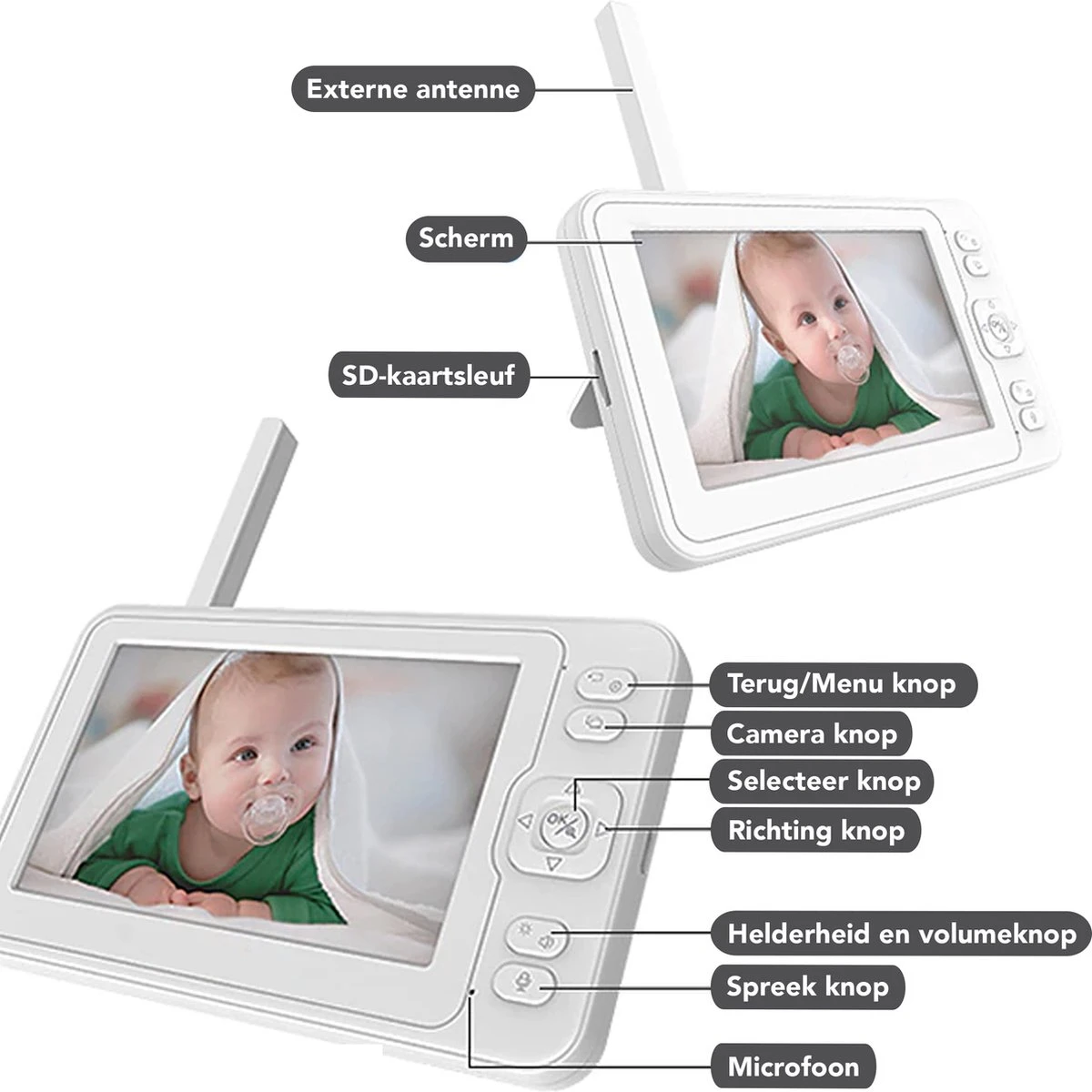 Achaté Babyfoon Met Camera - Baby Monitor Met 5 Inch Monitor - Video & Audio - Infrarood Nachtvisie - Terugspreekfunctie - Wit 3 Achaté Babyfoon Met Camera - Baby Monitor Met 5 Inch Monitor - Video & Audio - Infrarood Nachtvisie - Terugspreekfunctie - Wit - Afbeelding 3