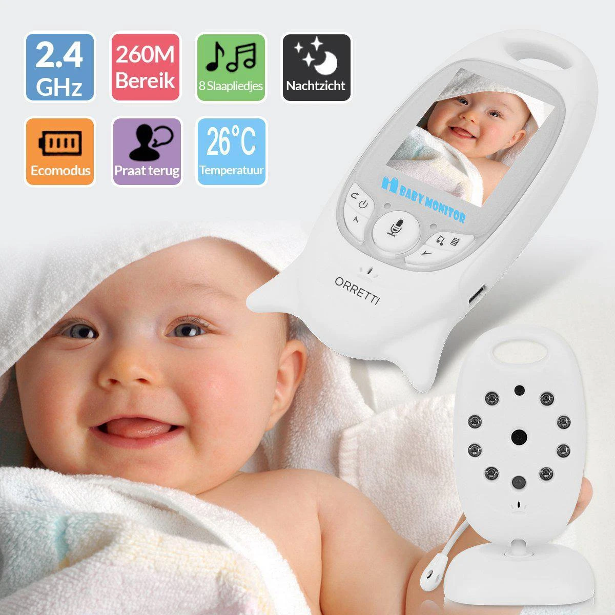 Orretti® V6 - Babyfoon Met Camera - Terugspreekfunctie - Slaapliedjes 3 Orretti® V6 - Babyfoon Met Camera - Terugspreekfunctie - Slaapliedjes - Afbeelding 3