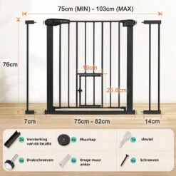 Merkloos Traphekje - Traphek Zonder Boren - 75-103cm Veiligheidshek Met Kattendeur - Veiligheidshekje -Hondenhek - Voor Baby's, Kinderen, Hond En Katten - Zwart -Pasgeborenen En Jonge Kinderen 1200x1200 1735