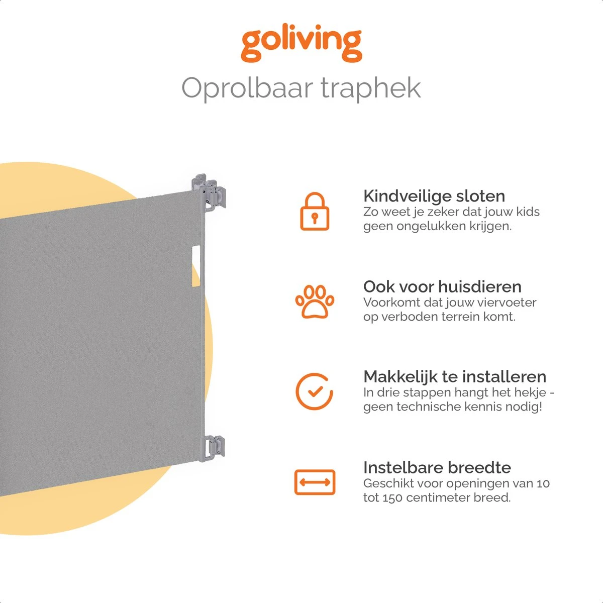 Goliving Oprolbaar Traphekje – Veiligheidshekje – Stevig Mesh – Voor Baby’s En Honden – Duurzaam Materiaal 7 Goliving Oprolbaar Traphekje – Veiligheidshekje – Stevig Mesh – Voor Baby’s En Honden – Duurzaam Materiaal - Afbeelding 7