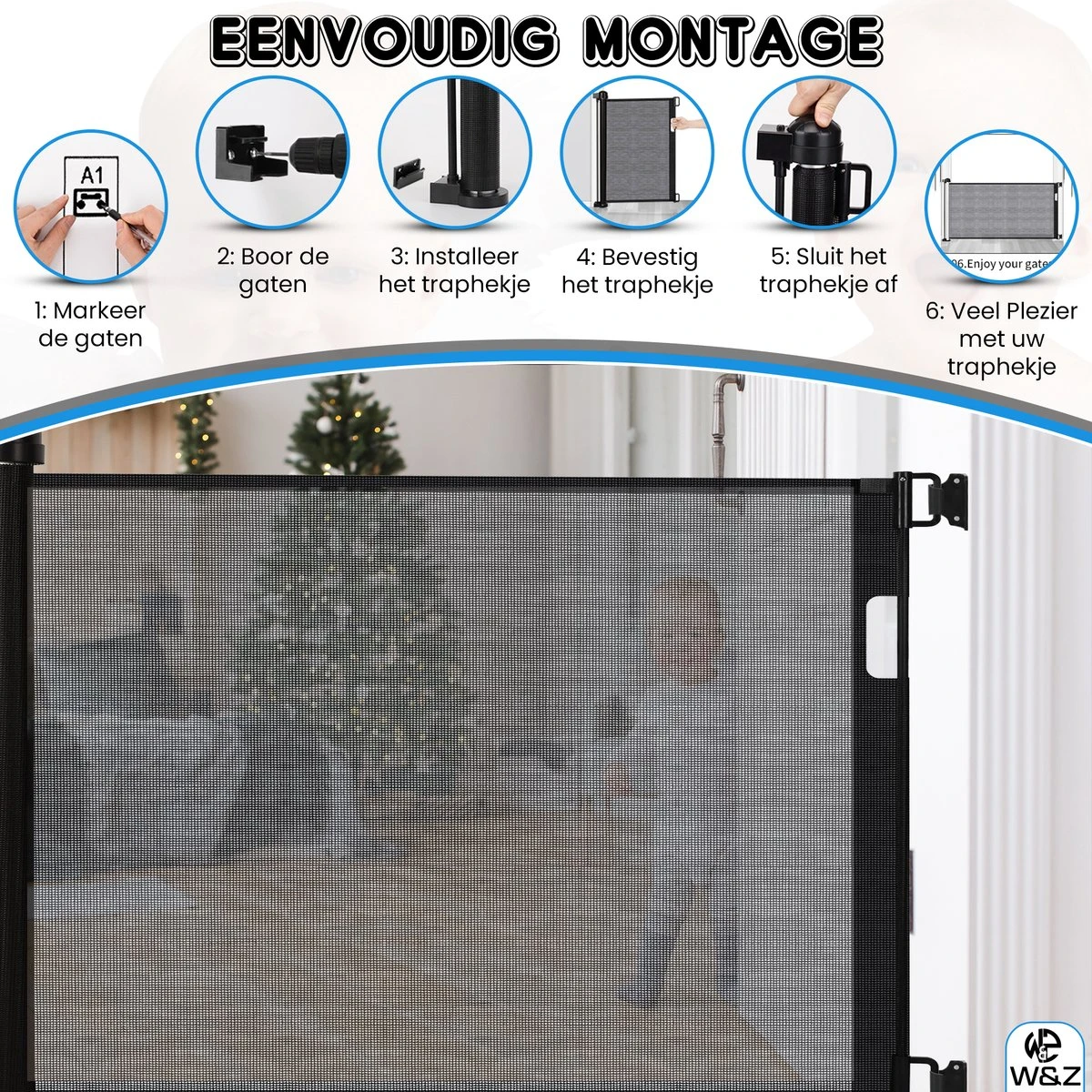 W&Z® Oprolbaar Traphekje - Veiligheid In Huis - Veiligheidshekje Voor Baby - Kinderhekje - Hondenhek - Zwart 5 W&Z® Oprolbaar Traphekje - Veiligheid In Huis - Veiligheidshekje Voor Baby - Kinderhekje - Hondenhek - Zwart - Afbeelding 5