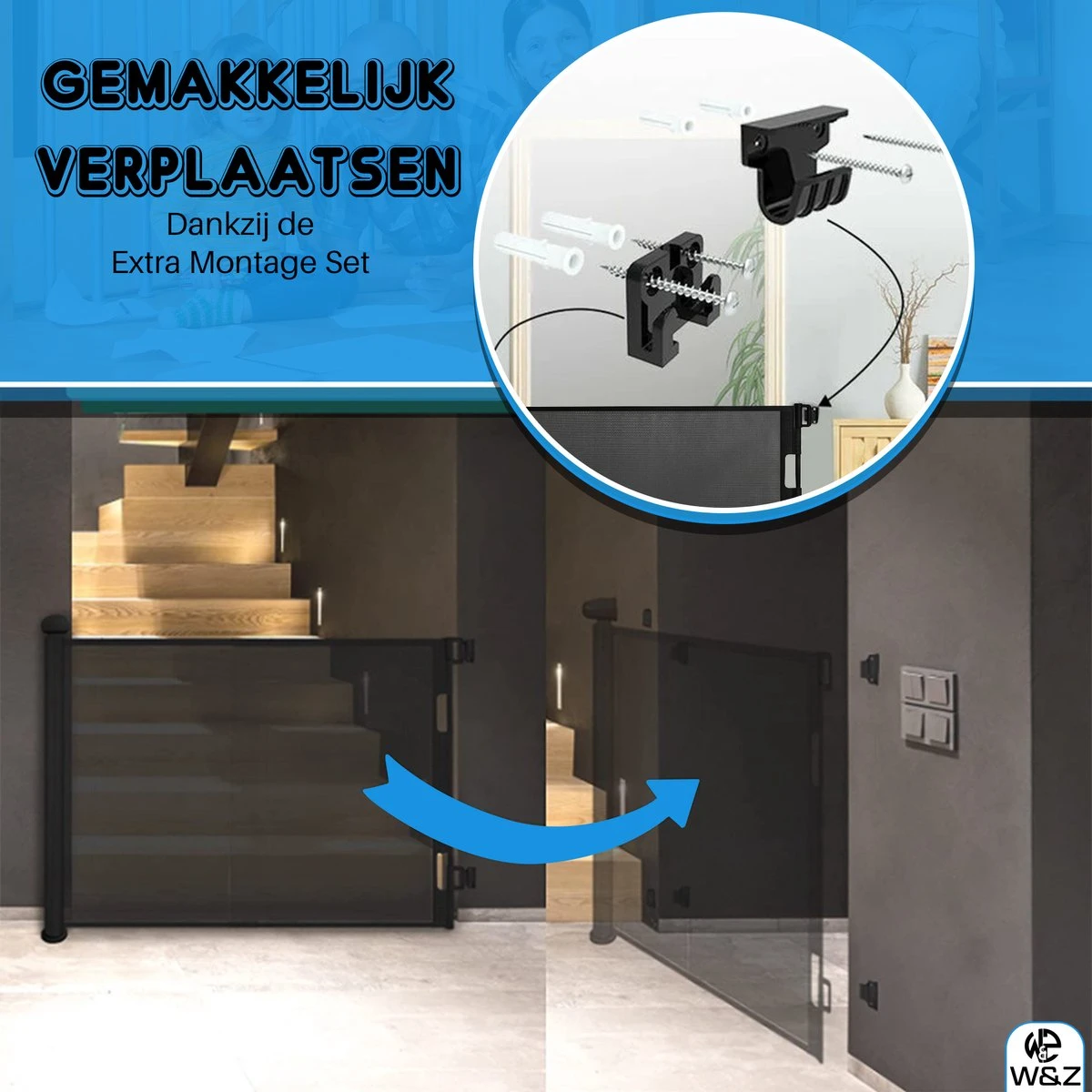 W&Z® Oprolbaar Traphekje - Veiligheid In Huis - Veiligheidshekje Voor Baby - Kinderhekje - Hondenhek - Zwart 7 W&Z® Oprolbaar Traphekje - Veiligheid In Huis - Veiligheidshekje Voor Baby - Kinderhekje - Hondenhek - Zwart - Afbeelding 7