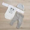 Merkloos Baby Cadeau Geboorte Unisex Jongen Of Meisje Setje 3-delig Newborn | Maat 50-56 | Grijs Mutsje En Broekje En Romper Lange Mouw Wit Met Zwarte Tekst Of Ik Superman Ken? Je Bedoelt Gewoon Mijn Oom | Pakje | Kraamcadeau