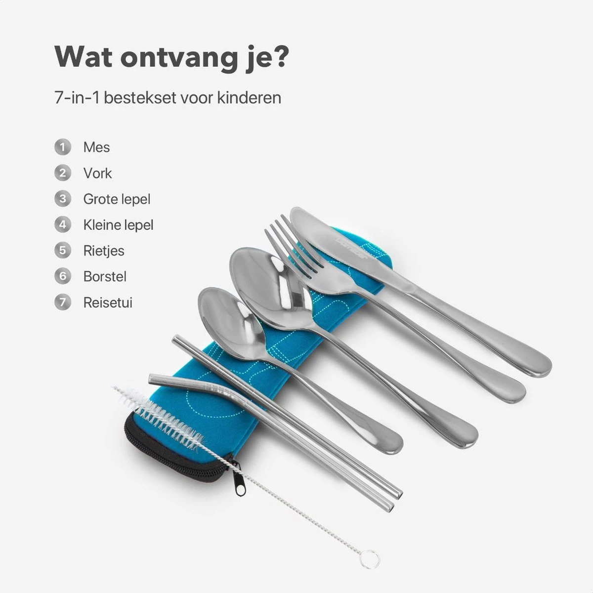 Damster Kinderbestek - Reisbestek - Incl. Herbruikbare Rietjes - School - Zilver 2 Damster Kinderbestek - Reisbestek - Incl. Herbruikbare Rietjes - School - Zilver - Afbeelding 2