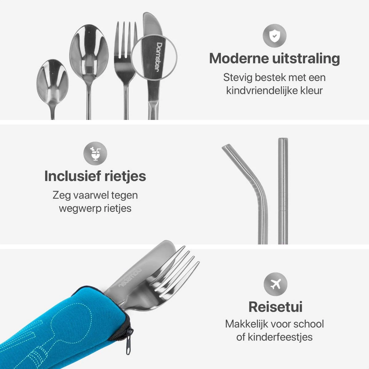 Damster Kinderbestek - Reisbestek - Incl. Herbruikbare Rietjes - School - Zilver 3 Damster Kinderbestek - Reisbestek - Incl. Herbruikbare Rietjes - School - Zilver - Afbeelding 3