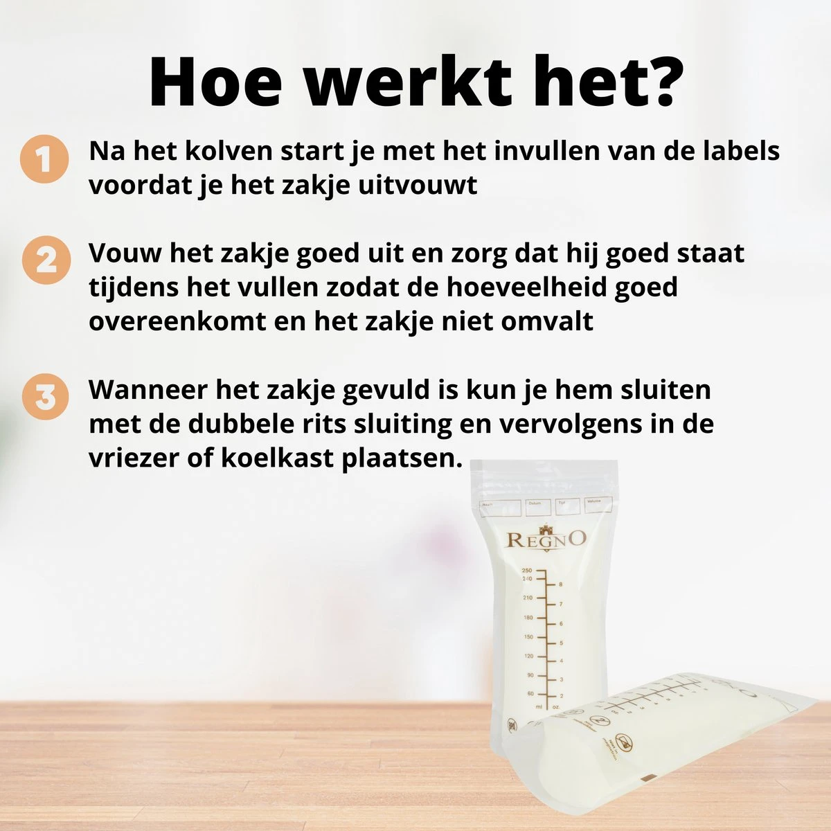 Regno Moedermelk Bewaarzakjes - Borstvoeding Zakjes - BPA Vrij - 250 ML - Lekvrij - 100 Stuks 2 Regno Moedermelk Bewaarzakjes - Borstvoeding Zakjes - BPA Vrij - 250 ML - Lekvrij - 100 Stuks - Afbeelding 2