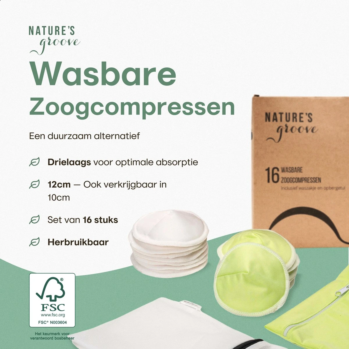 Wasbare Zoogcompressen - Cup B T/m E - Herbruikbare Borstcompressen Wasbaar - Inclusief Waszak&Opbergetui - 16 Stuks - Wit & Groen 5 Wasbare Zoogcompressen - Cup B T/m E - Herbruikbare Borstcompressen Wasbaar - Inclusief Waszak&Opbergetui - 16 Stuks - Wit & Groen - Afbeelding 5