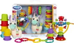 Playgro Sensoriche Ontdek Geschenkset - Kraamkado - Lama Knuffel - Kinderstoelspeeltje - 9 Bekers - 6 Ringen