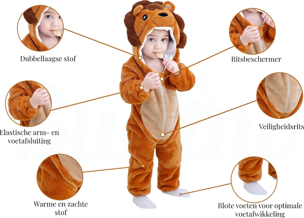 Budino Baby Romper Pyjama Onesie Leeuw - Bruin - Maat 100 6 Budino Baby Romper Pyjama Onesie Leeuw - Bruin - Maat 100 - Afbeelding 6