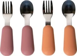 JU&MP Kinderbestek - Baby - 2 Baby Lepeltjes En Vorkjes - Baby Bestek - BPA-Vrij - RVS - Roze Oranje