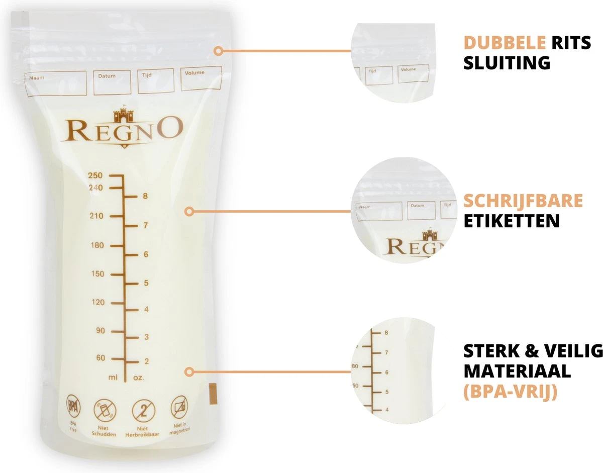 Regno Moedermelk Bewaarzakjes - Borstvoeding Zakjes - BPA Vrij - 250 ML - Lekvrij - 100 Stuks 9 Regno Moedermelk Bewaarzakjes - Borstvoeding Zakjes - BPA Vrij - 250 ML - Lekvrij - 100 Stuks - Afbeelding 9