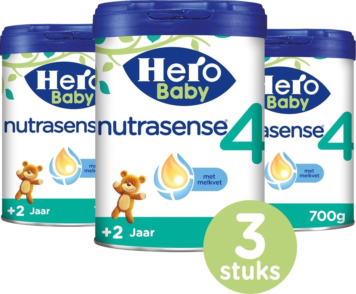 Hero Baby Nutrasense 4 (2+ Jaar) - Flesvoeding - 3 X 700gr - Peutermelk - Met Melkvet - Palmolie Vrij 1 Hero Baby Nutrasense 4 (2+ Jaar) - Flesvoeding - 3 X 700gr - Peutermelk - Met Melkvet - Palmolie Vrij