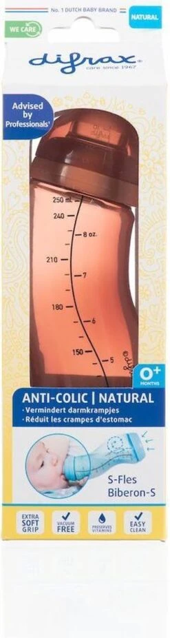 Difrax Anti-Colic S-Babyfles Natural - 250 Ml - Brick/Roodbruin -Pasgeborenen En Jonge Kinderen 320x1200