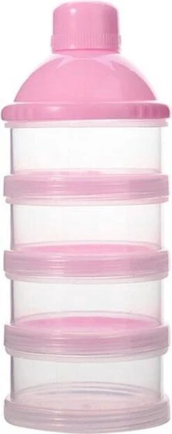 Merkloos Melkpoeder Doseerdoosje - BPA Vrij - Roze - 4 Lagen -Melkpoeder Toren - Babypoeder Bewaarbakje - Reisbox - Dispenser - Poedertoren