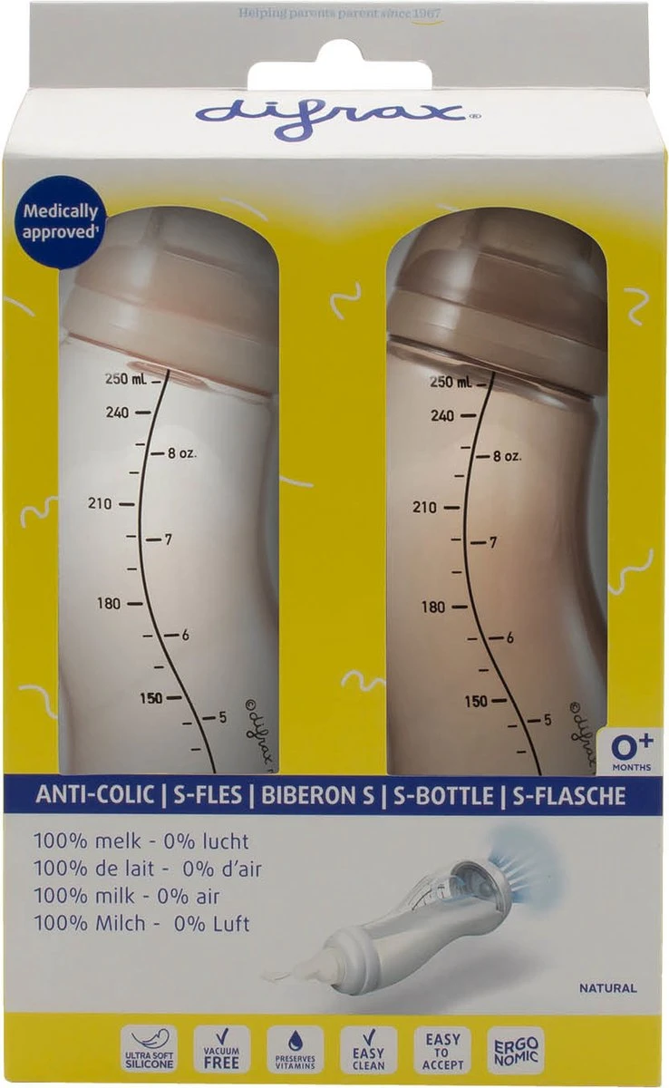 Difrax - S-Fles Duopack - Bruin/Roze - 250ml - 0+ Maanden 2 Difrax - S-Fles Duopack - Bruin/Roze - 250ml - 0+ Maanden - Afbeelding 2
