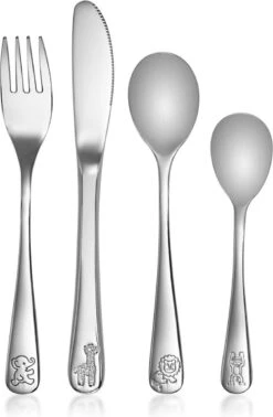 Reer - Kinderbestekset - 4-delig - RVS - Dieren - Giraffe - Leeuw - Olifant - Aap