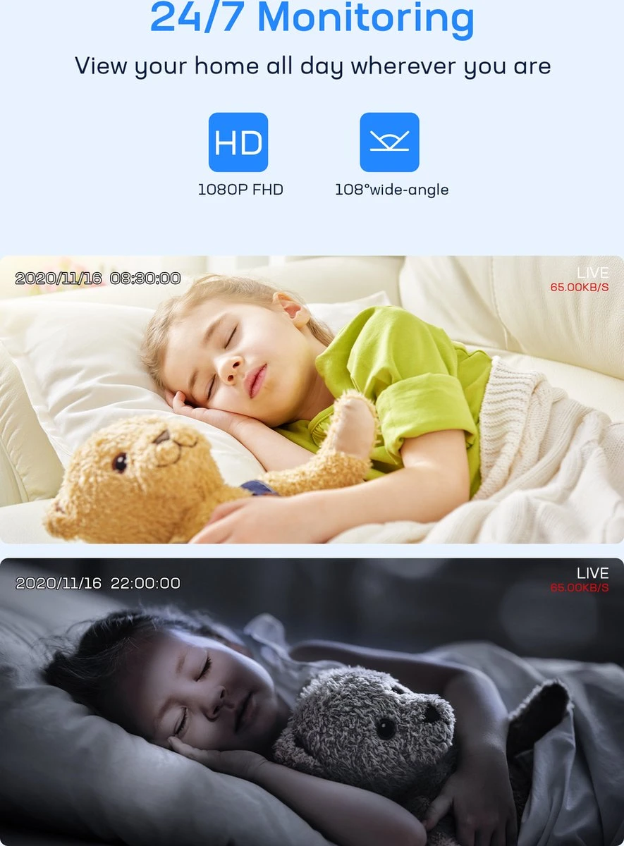 Teckin Babyfoon Met Camera - Wifi 1080P Baby Monitor - Beveiligingscamera Voor Binnen - Nachtzicht - 2-Weg Audio - Bewegings- En Geluidsdetectie - Voor Baby/Huisdier/Ouderen/Veiligheid 4 Teckin Babyfoon Met Camera - Wifi 1080P Baby Monitor - Beveiligingscamera Voor Binnen - Nachtzicht - 2-Weg Audio - Bewegings- En Geluidsdetectie - Voor Baby/Huisdier/Ouderen/Veiligheid - Afbeelding 4