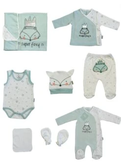 Merkloos 100% Katoen Fox Newborn Baby Kleding Set 6 Delig - Mint Groen - Geschkenkset - Pasgeboren Set - Organic