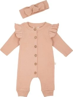 Moalie® -Baby -Babypakje - Boxpakje - Jumpsuit - Met Haarbandje- Meisje- Biologisch Katoen -Oud Roze- Maat 50/56 - 0 Tot 3 Maanden