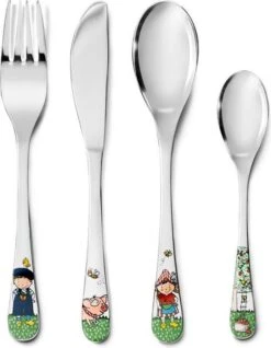 Zilverstad - Kinderbestek - Kindercouvert Fien En Teun - 4 Delig - Met Kleur