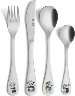 Sola Kinderbestekset Pandadieren - - 1 Persoons - 4 Delig - Zilverwit Edelstaal 18/10 - Staal - Zilver