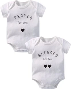 Hospitrix Baby Rompertje Tweeling Met Tekst "Prayed For One, Blessed For Two" | 0-3 Maanden | Korte Mouw |Tweeling Cadeau| Kraamkado | Cadeau Voor Zwangerschap | Bekendmaking | Aankondiging | Aanstaande Moeder | Moederdag