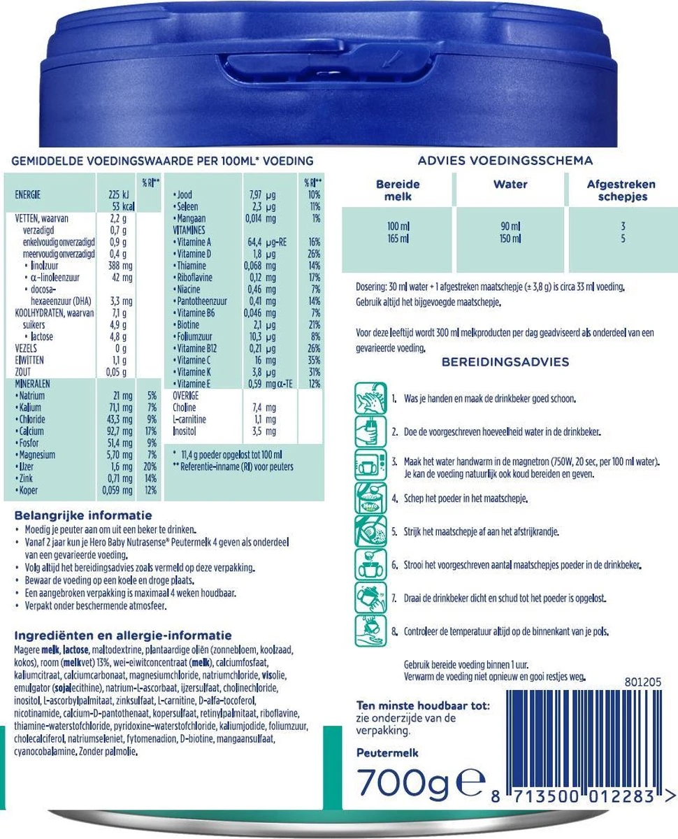 Hero Baby Nutrasense 4 (2+ Jaar) - Flesvoeding - 3 X 700gr - Peutermelk - Met Melkvet - Palmolie Vrij 3 Hero Baby Nutrasense 4 (2+ Jaar) - Flesvoeding - 3 X 700gr - Peutermelk - Met Melkvet - Palmolie Vrij - Afbeelding 3